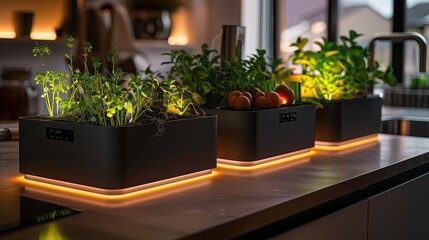 A sleek indoor garden with self-watering planters and mood lighting