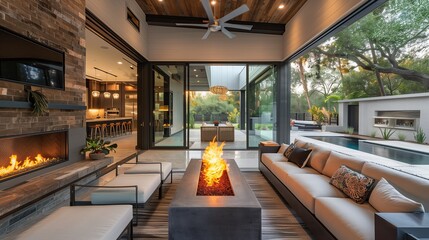 A sleek indoor-outdoor living space with sliding glass doors and a fire table