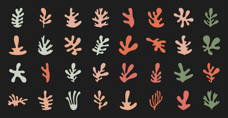 Cute boho irregular plant form design set, doodle geometric asymmetric floral element graphic, trendy organic random leaf symbol collection, flat liquid silhouette art, modern abstract minimal shape.