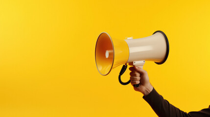 Holding megaphone in hand on yellow background.