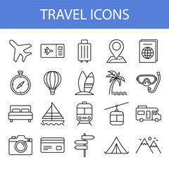 travel and tourism outline icon set isoleted on white background. vector illustration flat design. vacation holiday thin line style.