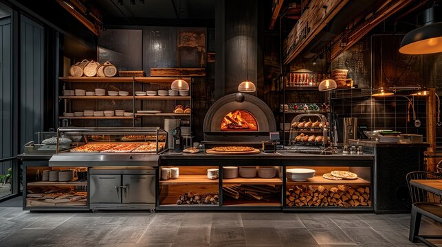 Create an inviting display of a contemporary pizzeria, with wood-fired ovens, pizza tossers, and a menu of gourmet pizza creations. copy space for text.