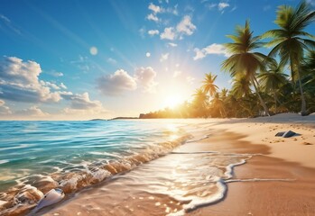beautiful summer tropical beach with palm trees. The sea with white sand. Sunset sky, a bright summer illustration with an empty space for advertising