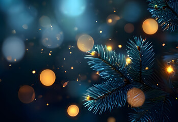 A magical fairy tale background with a blue bokeh with a Christmas tree. Bokeh background for booklets, postcards, New Year, Christmas mood. New Year's Eve 2025. Christmas