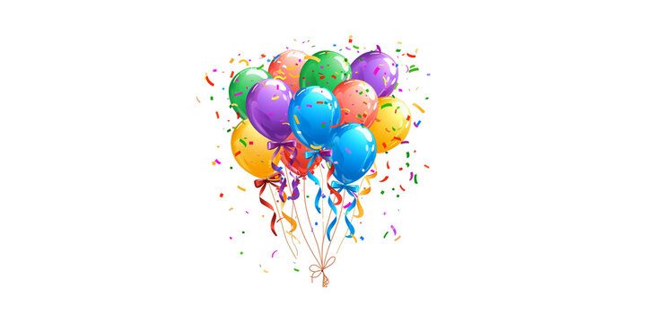 Fototapeta A bunch of colorful balloons with ribbons and confetti in the style of clip art on a white background.