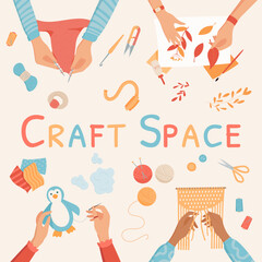 Flat handmade art craft space banner concept, cartoon hands create colorful craftwork hobby collection, creative workshop top view vector illustration, handicraft children activity social concept