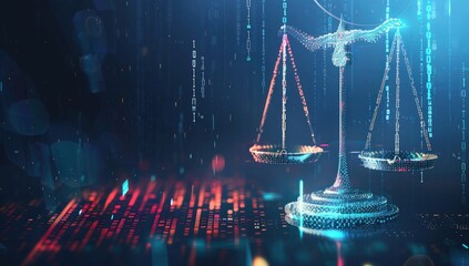 Digital scales of justice on a futuristic background. Generate AI image