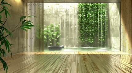 A sleek meditation room with a water wall and a bamboo floor