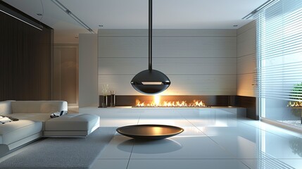 A sleek minimalist living room with a suspended orb fireplace