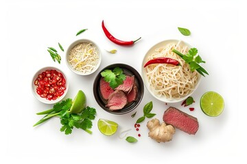 Beef Pho Soup with rice noodles ginger lime and chili pepper on white background Top view Asian dish