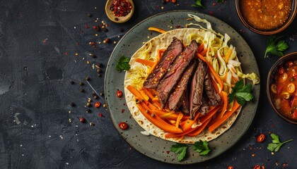 Beef steak pickled carrots and cabbage on tortilla Tasty lunch on dark background viewed from above