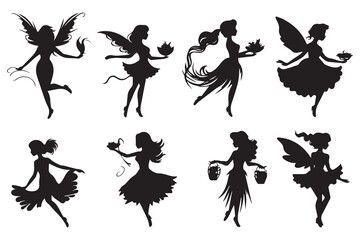 Set of silhouettes of fairies vector isolated on white background. Magical fairies in the cartoon style Free Vector