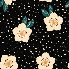 Hand drawn flowers grunge textured black background illustration seamless pattern print for textile fabric vector graphic artwork