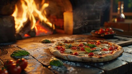 Pizza yolo with pizza near the stone stove. Image of food. copy space for text. - obrazy, fototapety, plakaty