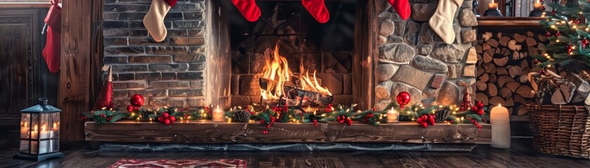 A cozy fireplace surrounded by plush stockings and garland