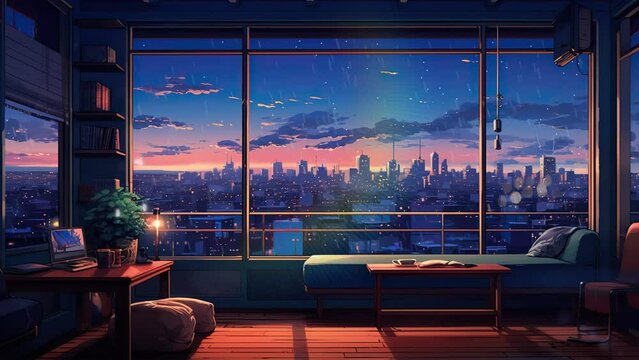 bedroom with a backdrop of many buildings during the afternoon rain. Anime art style. Loop animation	