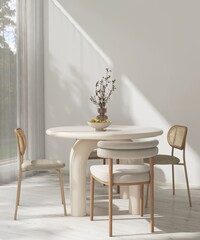 Modern and minimal white dining room with cream round table, cushion rattan chair on laminated...