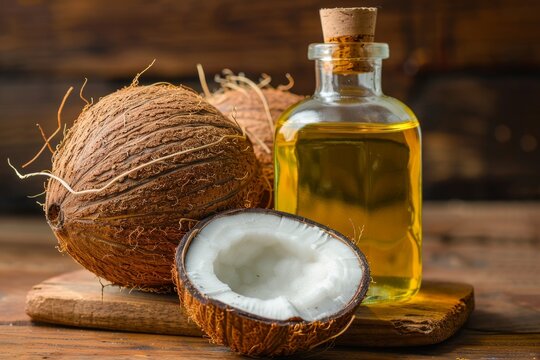 Benefits of MCT oil from coconut on wood table Medium chain saturated fatty acid