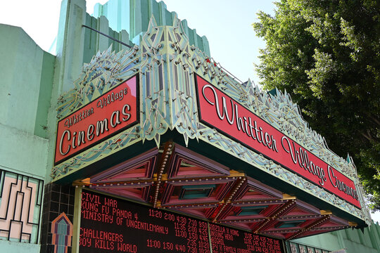 WHITTIER, CALIFORNIA - 28 APR 2024: Whittier Village Cinemas formerly the Bushnell&rsquo;s Wardman Theater was opened on March 15, 1932.