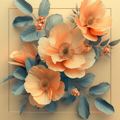 3d illustration visualized flora frame background for art, design and decor on warm orange background.