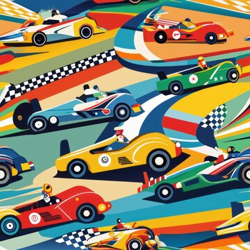 Seamless pattern of colorful race cars zooming around a track, Generative AI