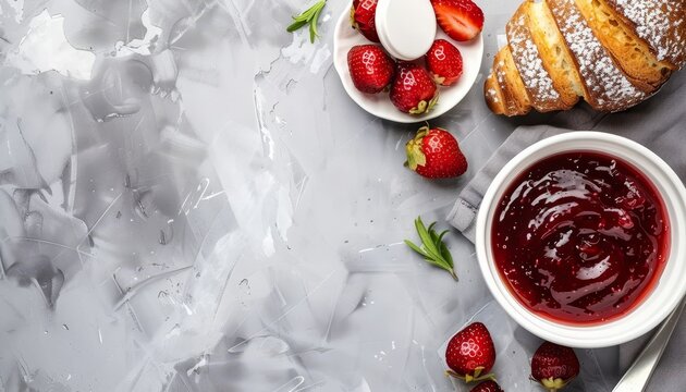 Bird s eye view of a nutritious breakfast topped with strawberry jam