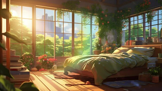 bedroom with lots of plants in the afternoon.  Anime art style. Loop animation	