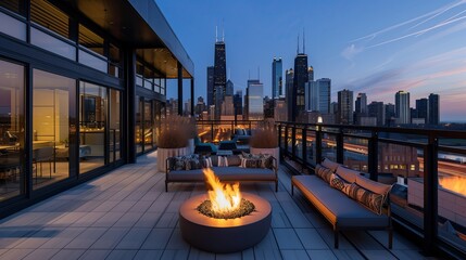 A sleek rooftop patio with a fire pit and panoramic city views