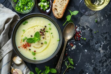 Bird s eye view of vichyssoise soup with potatoes leeks green onions pink peppercorns and mint leaves on rustic background with bread white wine and space for tex