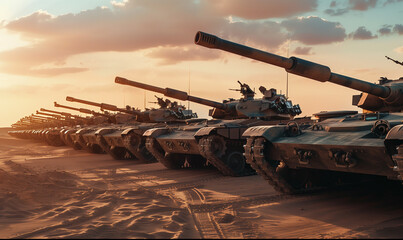 A line of tanks of the Allied forces in the African desert