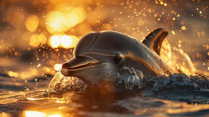 Marine Life Guardian, Bottlenose Dolphin, Showcasing conservation initiatives for ocean habitats Photography image with golden hour lighting and depth of field bokeh effect - obrazy, fototapety, plakaty