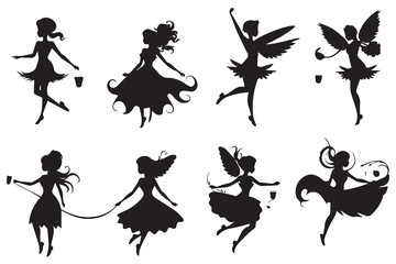 Set of silhouettes of fairies isolated on white background