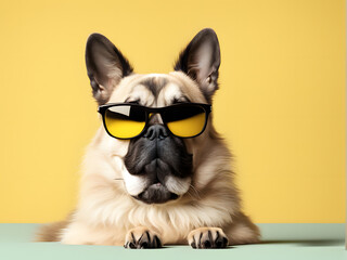 A dog wearing sunglasses and looking at the camera