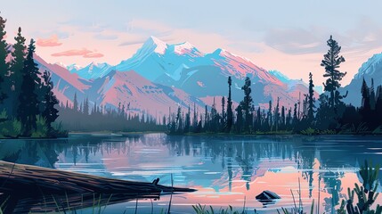 A painting of a mountain lake at sunset in shades of blue and pink. There are trees along the shore and snow-capped mountains in the distance. The sky is a gradient of pink and blue.

