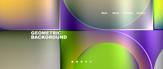 A vibrant geometric background featuring circles and squares in colors like violet, magenta, and electric blue. This artful pattern is inspired by macro photography and technology