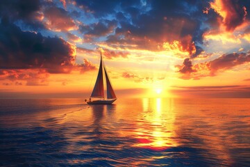 Boat sailing in open sea at sunset