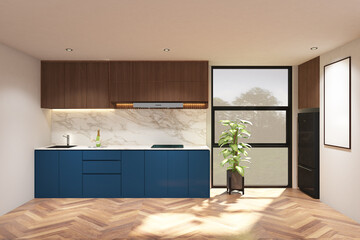 3d rendering of interior blue and wood kitchen side the window with frame mock up. Wood parquet floor and white ceiling. Set 1