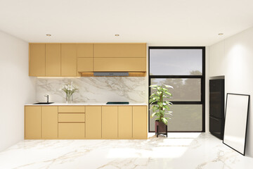 3d rendering of interior white and yellow kitchen side the window with frame mock up. Whine marble floor and white ceiling. Set 8