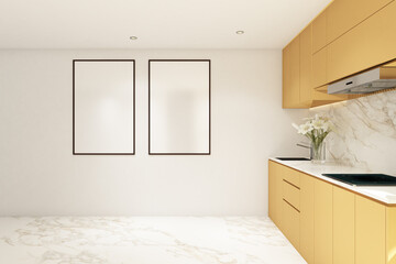 3d rendering of interior white and yellow kitchen side the window with frame mock up. White marble floor and white ceiling. Set 12
