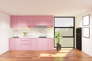3d rendering of interior white and pink kitchen side the window with frame mock up. Wood parquet floor and white ceiling. Set 11
