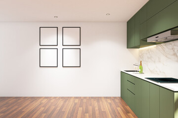 3d rendering of interior white and green kitchen side the window with frame mock up. Wood parquet floor and white ceiling. Set 10