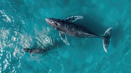 Encountering a majestic humpback whale and her calf as they migrate through turquoise waters  