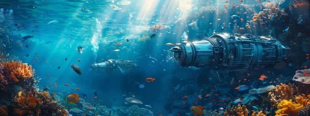 A colorful underwater scene with a large ship in the middle