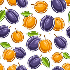 Vector Plum and Apricot seamless pattern, decorative background with flying raw cartoon fruits for wrapping paper, square placard with flat lay plums and apricots with green leaves on white background