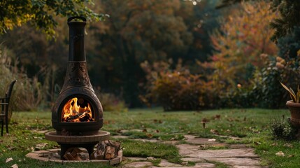 The crackling fire in the chiminea adds to the ambiance providing both warmth and light. 2d flat cartoon.