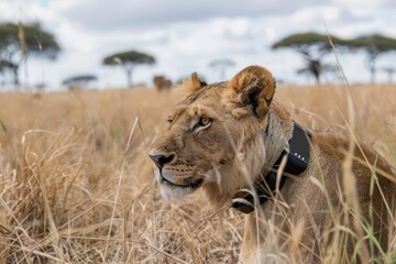 Fototapeta premium Conservationists use hightech collars on lions in the wild, gathering data to study their behavior and protect them from threats