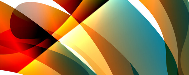 A closeup of a vibrant abstract design featuring hues of amber, orange, and colorful elements on a white background. The composition includes rectangles, triangles, and intricate patterns