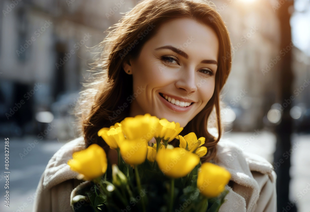 Wall mural 'woman day mother's looking flowers happy them yellow bouquet 8 March holding Background Flower Woman Flowers Summer Fashion Spring Girl Gift White Beauty Happy Smile Card Women Face Portrait Model'