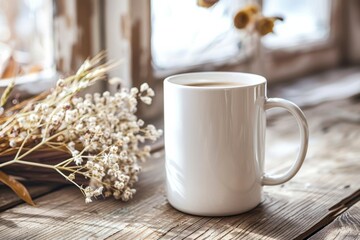 White Blank Mug Mockup in Photographic Scene created with Generative AI