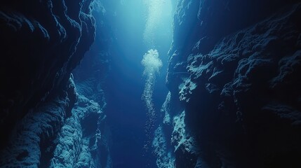 Exploring the depths of an underwater canyon, where mysterious creatures lurk in the shadows  